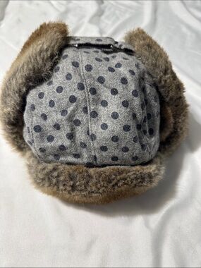 NWOT Barts Kids Kamikaze Trapper Winter Hat Gray Polka Dot Faux Fur Ear Flap Hat